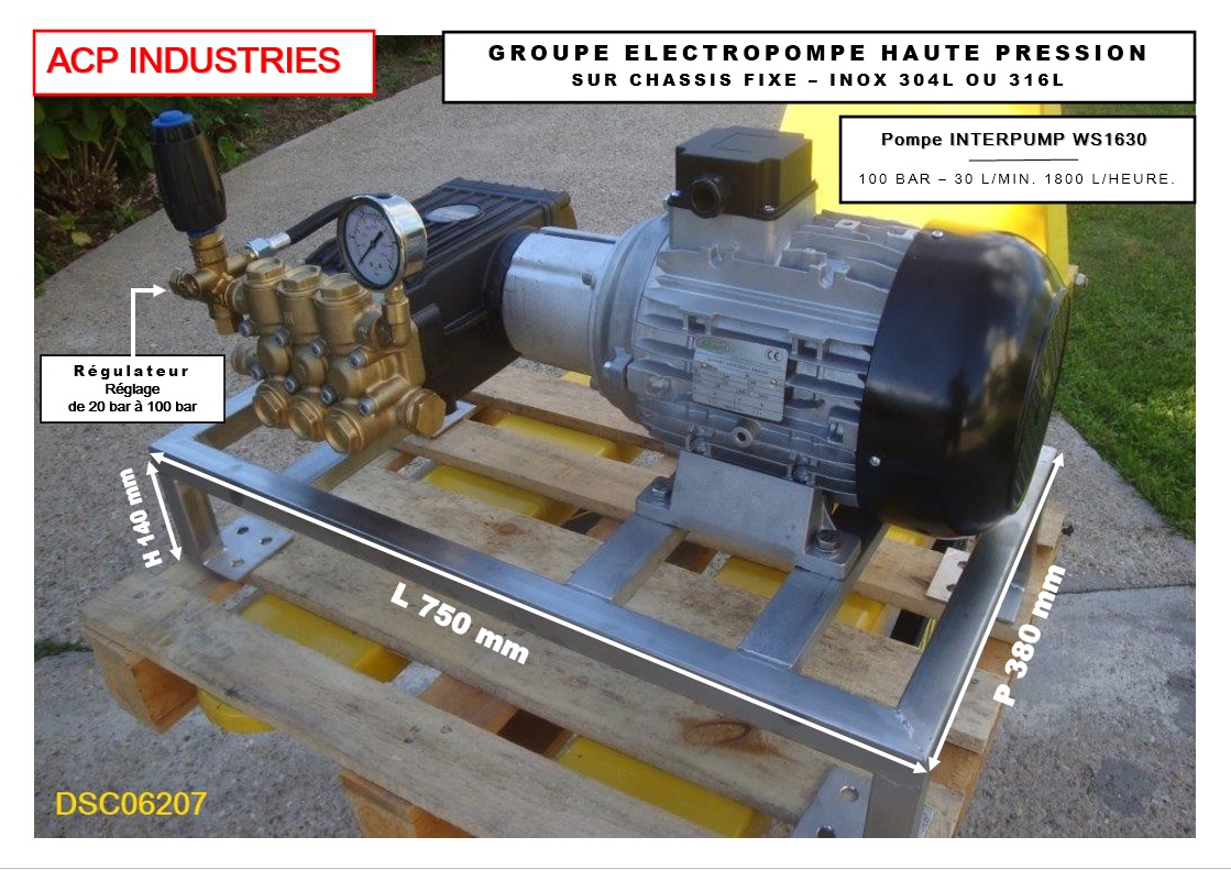 Groupe électropompe haute pression sur plateau inox 304 ou 316 L.